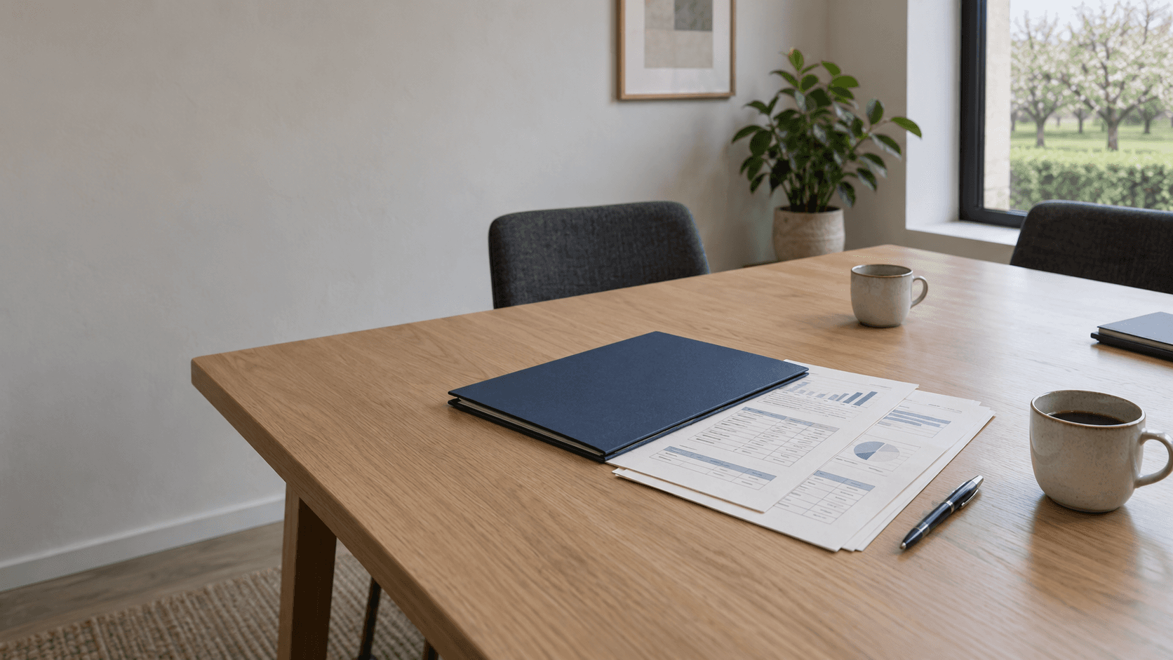 Een indigokleurige werkmap met financiële overzichten, een pen en twee koffiekopjes op een eikenhouten tafel