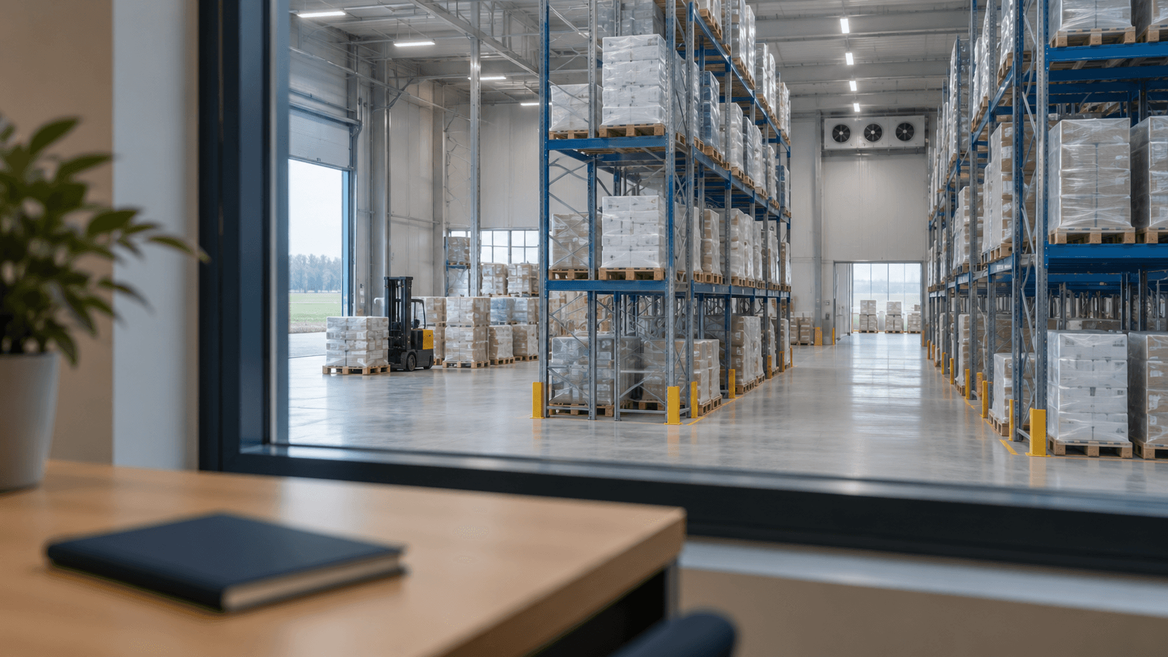 Een koelmagazijn met palletstellingen, gezien door een kantoorraam