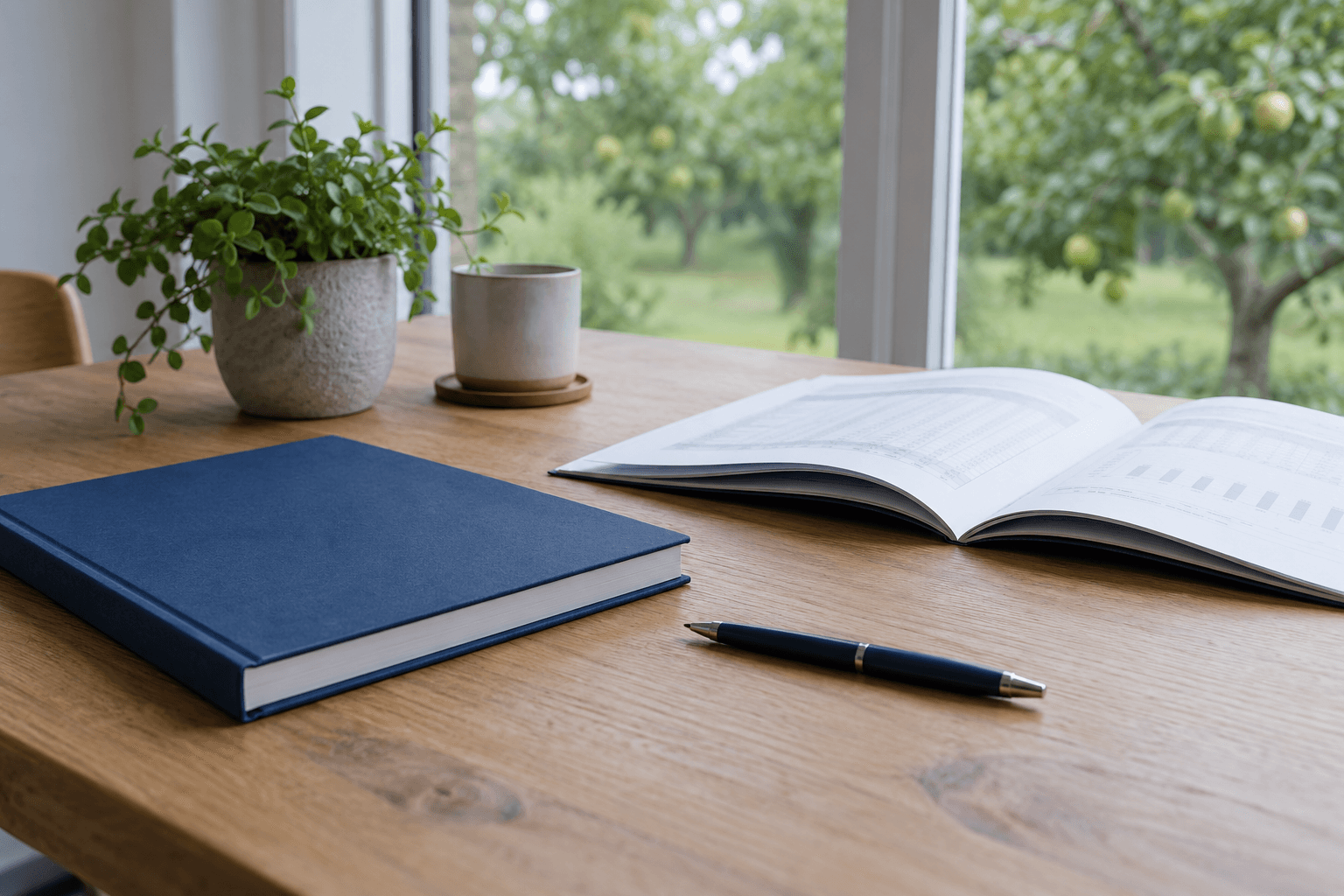 Een gebonden rapport en een opengeslagen exemplaar op een eikenhouten tafel