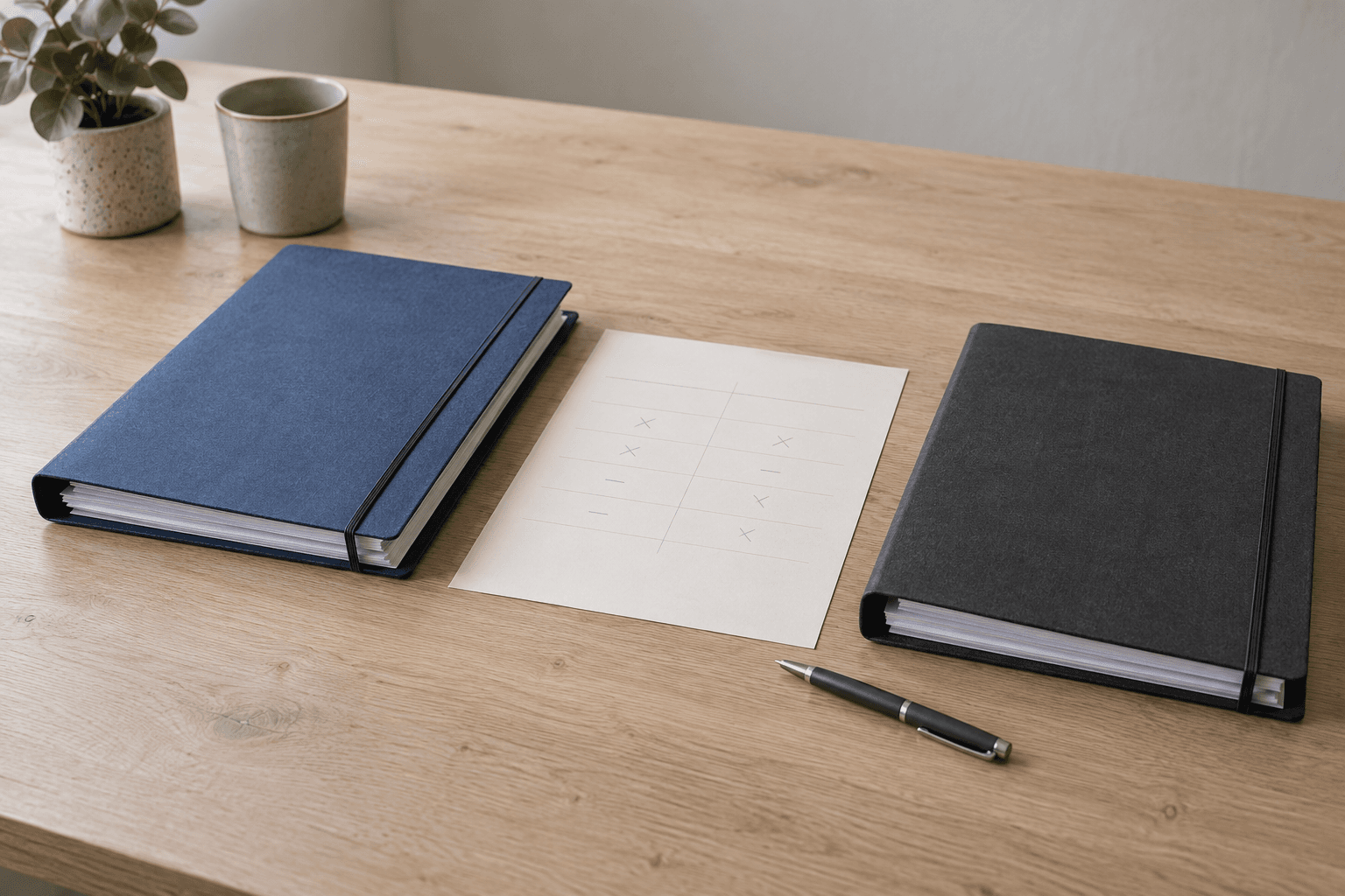 Twee dossiers, een blauw en een antraciet, met een vergelijkingsblad ertussen op een eikenhouten tafel
